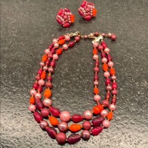 Vintage Pink and Orange Beaded Necklace and Clip-On Earring Set